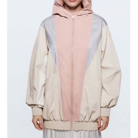 Zara retro pastel pink, off white and blue rubberized hooded jacket EUC - Picture 1 of 12